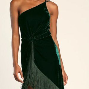 Lulus Fringe for Life Dark Green Velvet One-Shoulder Fringe Midi Dress Size L